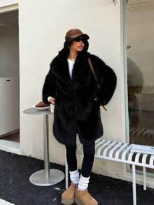 Áo khoác mùa đông ấm áp dáng rộng viền lông giả dành cho nữ cỡ lớn DEEKA, kiểu dáng Châu Âu/Mỹ, màu đen. - màu đen - Xem 2