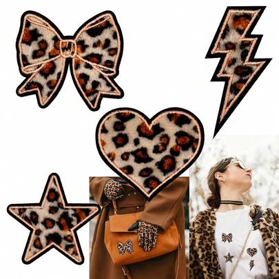 WENSIDUO 4pcs Leopard Print Embroidered Patches, Heart/Star/Lightning/Bow Star Embroidered Appliques, Iron-On/Sew-On, Punk Rock Style, DIY Craft Accessories For Hats, Clothing, Bags, Backpacks
