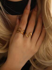 2 piezas Anillos abiertos de diseño único y minimalista de acero inoxidable - Dorado - Ver 5