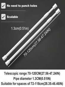 1 thanh treo rèm lò xo, có thể điều chỉnh độ dài 30-50cm, 40-70cm, 50-90cm, 60-110cm, 70-120cm, không cần khoan, chịu lực cao, thích hợp cho rèm tắm, giá phơi đồ, thanh treo đồ nhà bếp, giá đỡ tủ quần áo, rèm cửa, áp dụng cho nhà bếp, phòng tắm, tủ, tủ quần áo, cửa sổ, tủ đựng đồ, cửa ra vào, các dự án DIY kệ sách, lưu trữ đồ dùng phòng tắm, sắp xếp tủ quần áo, tiết kiệm không gian. - trắng - Xem 14