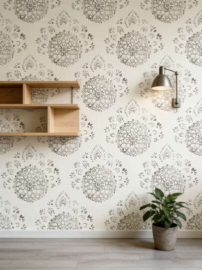 1 rulle 44 cm grå mandala-mönstrad tapet, en bohemisk, avtagbar PVC-tapet med en modern neutral självhäftande design. Lämplig för skåpdekoration, sovrumsdekorationer, väggpaneler med självhäftande dekaler samt konventionella tapeter.