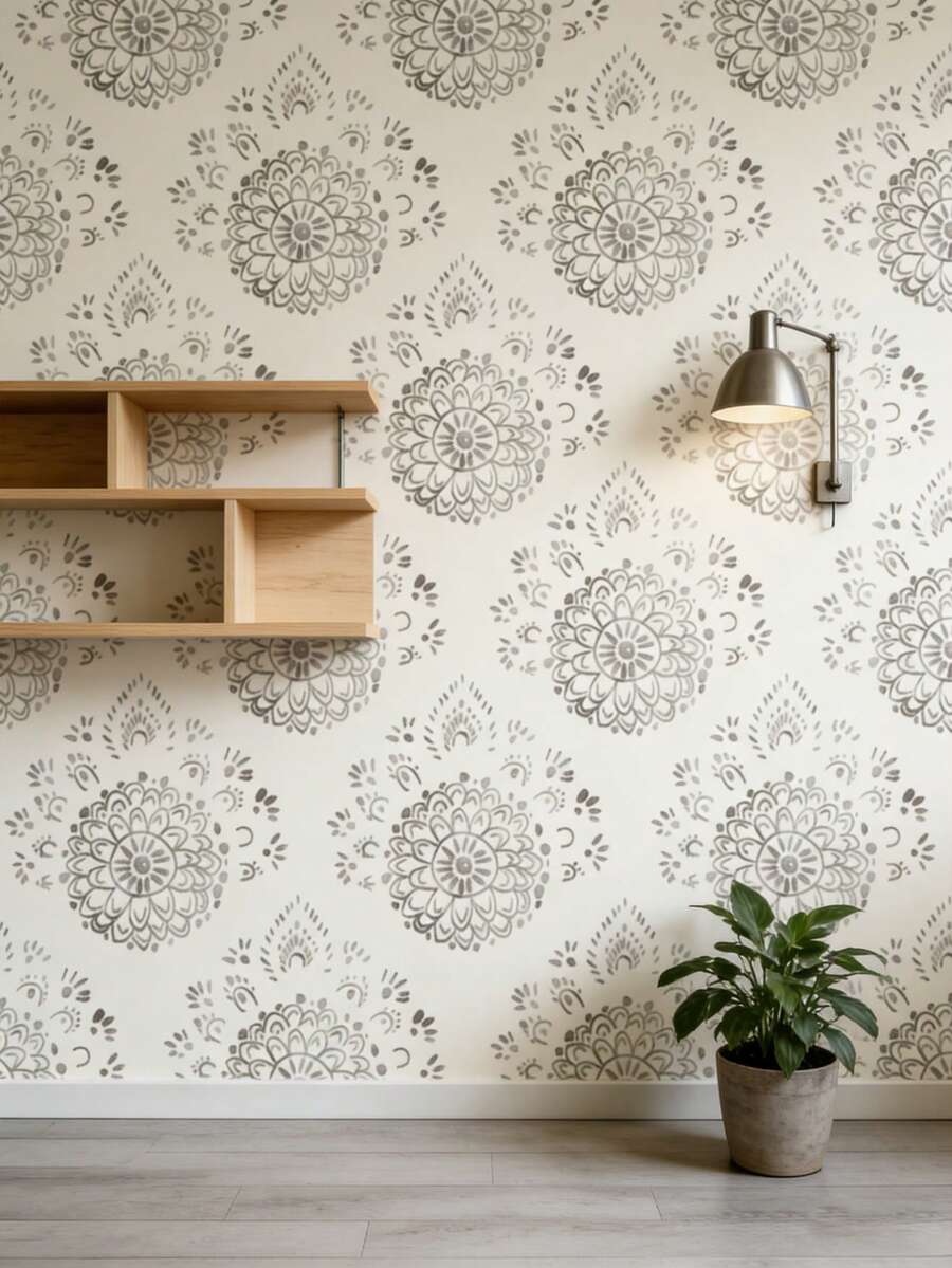 1卷44厘米灰色曼陀罗图案壁纸，波西米亚风格，可移除PVC壁纸，采用现代中性自粘设计。适用于橱柜装饰、卧室装饰、带自粘贴纸的墙板以及传统壁纸应用。 - 彩色 - 查看 1