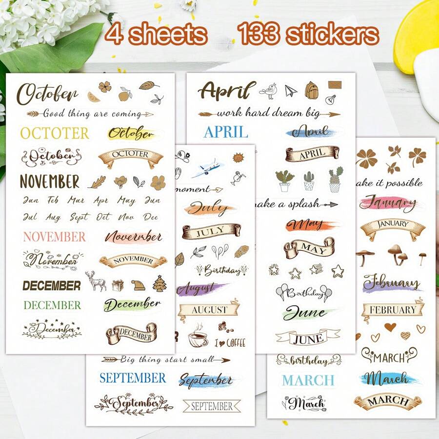 133 miếng dán, 4 tờ - Nhãn lịch tháng từ tháng 1 đến tháng 12, tông màu pastel - Phông chữ trang nhã dành cho sổ kế hoạch, sổ ghi chép, lịch trình - Hoàn hảo cho trang trí sinh nhật, ngày lễ - Nhãn dán tổ chức đa năng và trang trí, nhãn dán họa tiết trang trí đa dụng. - Thẻ lịch 2 - Xem 1