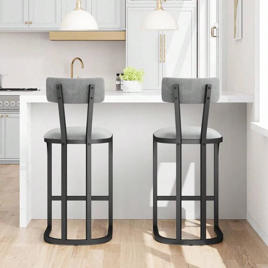 Counter Height Bar Stools Set Of 2, Modern Upholstered Barstools With Back Support For Kitchen Island, Home Bar & Dining Room - Xám - Xem 1