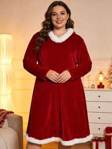 Robe rouge avec bordure en dentelle blanche moelleuse, robe élégante pour femme convenant pour le Nouvel An et Noël - Rouge - Voir 3