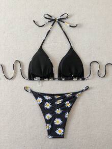 Set bikini pentru femei, model vacanță, model daisy, sexy, drăguț, elegant, boem, casual, cu halter, plajă, negru, vară - Negru - Vizualizare 2