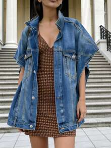 Chaqueta vaquera tipo capullo versátil de estilo pop art, lavado vintage casual, primavera/verano 2026 - Azul lavado medio - Ver 10