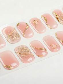 Bộ 16 miếng dán móng tay gel bán khô, thiết kế đường kẻ vàng lượn sóng màu hồng nude thanh lịch và tinh tế, tông màu nhẹ nhàng với viền vàng trang trí, chất lượng salon, cần đèn UV, phù hợp cho phụ nữ và bé gái sử dụng hàng ngày, hẹn hò, tự làm móng nhanh chóng, dụng cụ làm móng nghệ thuật thời trang. - Nhiều màu - Xem 3