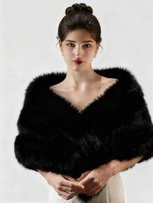 Elegant & Fashionable Women's Bridal Wedding Party Outdoor Autumn/Winter Windproof Warm Faux Fur Shawl - Black - View 11