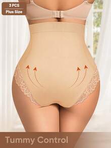 MEIYATING 3 pièces Culottes sculptantes sans couture taille haute grande taille, Culottes pour femmes à motif dentelle - Multicolore - Voir 3