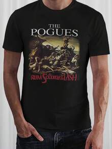 Camiseta gráfica de la banda The Pogues - Camiseta vintage de rock folclórico irlandés para hombres con arte de "Rum & The Lash", cuello redondo, mangas cortas, ajuste regular, tejido para todas las estaciones, negro, estilo casual, moda diaria, ropa casual| Diseño de rock vintage| Construcción de punto, camiseta de la banda The Pogues - Negro - Ver 1