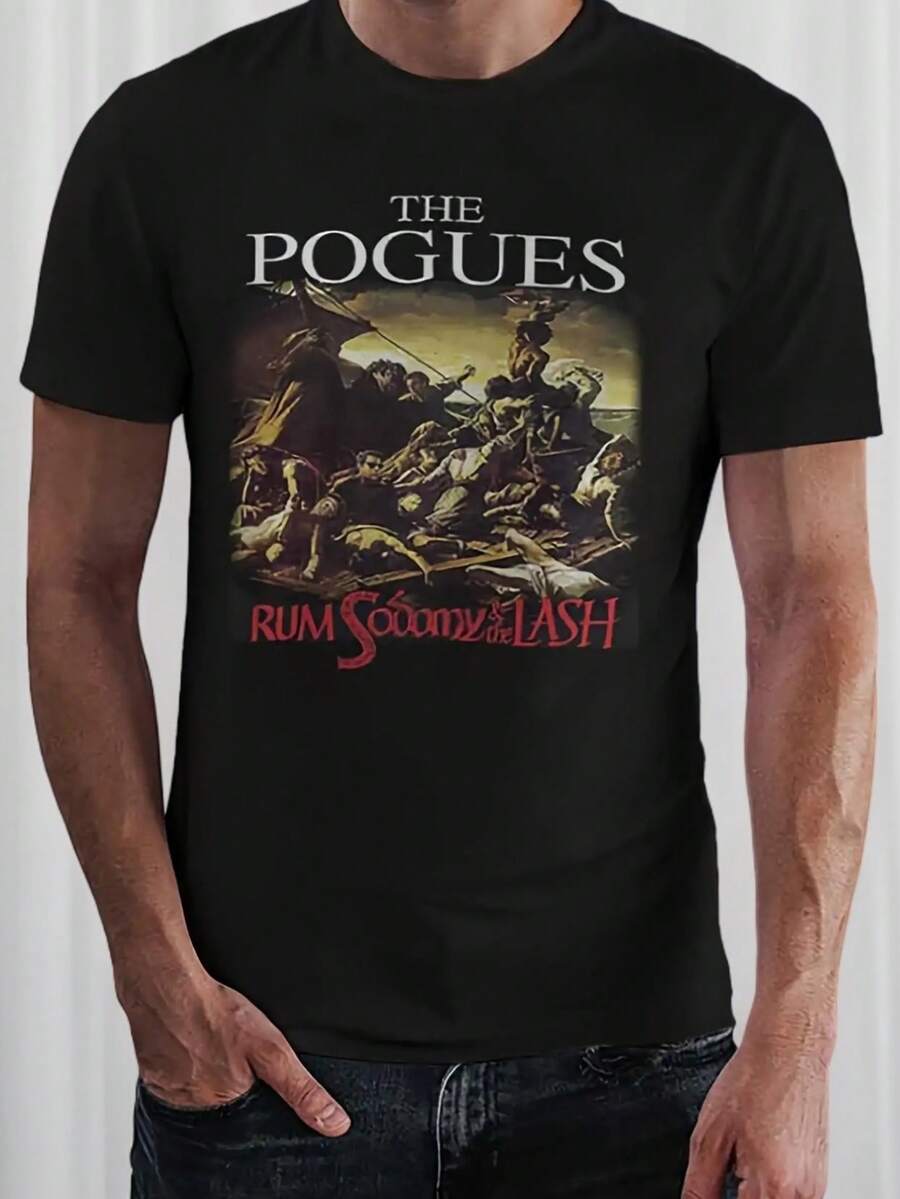 Camiseta gráfica de la banda The Pogues - Camiseta vintage de rock folclórico irlandés para hombres con arte de "Rum & The Lash", cuello redondo, mangas cortas, ajuste regular, tejido para todas las estaciones, negro, estilo casual, moda diaria, ropa casual| Diseño de rock vintage| Construcción de punto, camiseta de la banda The Pogues - Negro - Ver 1