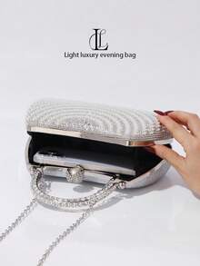 Elegant Fashion Diamond & Pearl Decor Clutch Bag, High-End Formal Evening Dress Party Handbag, Suitable For Wedding, Party, Gala, Diamond & Pearl Women Purse - Silver - View 7