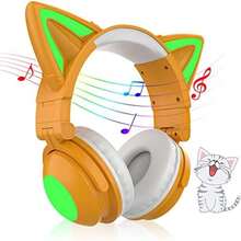 Bluetooth Cat Ear Headphones for Kids & Adults,Cute Headphones,Foldable LED Wireless Headset with Built-in Mic,Over Ear Wired Headphones Compatible with Phone/Laptop/PC/Tablet(Khaki) - Caqui - Ver 2