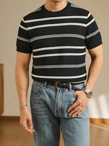 男士条纹圆领短袖休闲针织上衣 - 黑色 - 查看 2