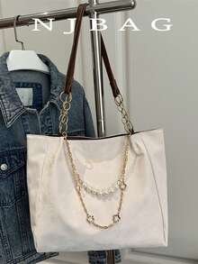 Fashionable Leopard Print Pearl Chain Handbag - Women's Large Capacity Shoulder Bag - Zipper Tote Bag For Daily Use - Metal Chain Leopard Print Pattern Tote Bag, Back To School Student Bag, Retro High-End Feeling Women Bag With Wide Strap Crossbody Bucket Bag Large Capacity Shoulder Tote - Beige - View 2