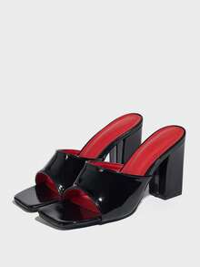 Women's Square Toe Chunky Heel Mule Sandals, Summer Breathable Slip-On Clogs, Sexy Casual Versatile Open Toe Elegant Comfortable High Heel Sandals, Black - Black - View 5