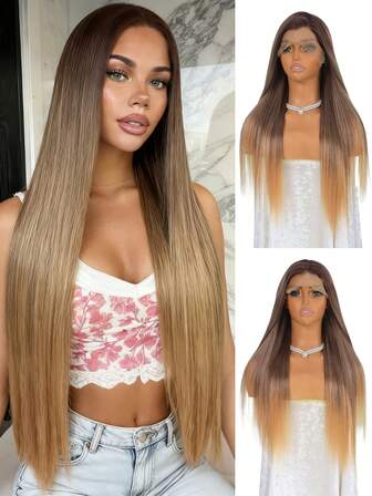 Ombre Honey Blonde Brown Straight Lace Front Wigs 13X4 HD Lace Frontal Wig Freely Part Synthetic Wig For Women Daily 24 Inch