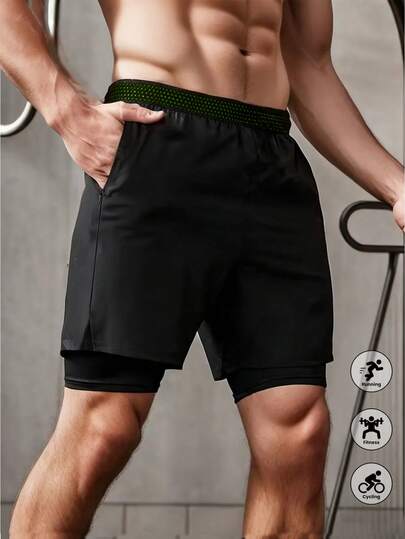 男士休闲运动二合一短裤，时尚健身跑步弹力腰带短裤