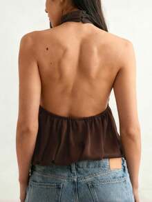 Women Cute Puffy Halterneck Top Sleeveless Open Back Tank Tops Fashion Button Neck Crop Tops Summer Y2K Loose Vest For Club Party Streetwear Going Out Outfit - 深棕 - 查看 2