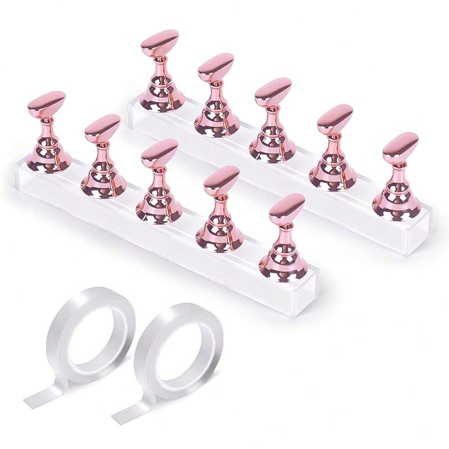 Nail Holder Stand Press On Nail Display & Practice - With Adjustable Angle & Non-Slip Base Complete Starter Kit Includes Practice Nail Tips Acrylic, Gel Polish & Nail Art Training. Nail Beginners,, Home Salon, Nail Tech Students & Content Creators - Electroplated Pink 2PCS - View 1