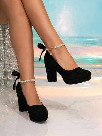 Women's Fashion High Heel Platform Thick Heel Black Pumps With Beaded Chain, Suitable For All Seasons