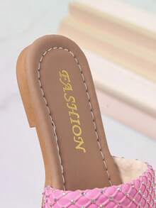 1 Pair Pink Rhinestone Plaid Children Summer Slippers, Flat Bottom Fashionable One-Strap Sweet Shiny Outdoor Sandals - Pink - View 7