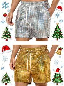 2pcs Men's Shorts, Metallic Holographic Shorts, Sequined Sexy Shorts, Suitable For Party Heating Up With Drawstring And Pocket Shorts  Christmas - 金色+銀色 - 查看 1