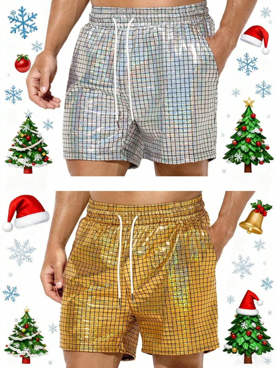 2pcs Men's Shorts, Metallic Holographic Shorts, Sequined Sexy Shorts, Suitable For Party Heating Up With Drawstring And Pocket Shorts Christmas - 金色+銀色 - 查看 1