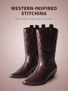 Women's Embroidered Cowgirl Boots For Outdoor Music Festival Black White Brown Mid-Calf Pull-On Block Heel - 巧克力棕 - 查看 5
