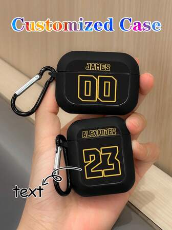 1pc Customizable Personalized Text, Name, Basketball Jersey Number, Minimalist TPU Black Soft Case With Mirror Hanging Hook, Electroplated Carabiner Earbud Case, Compatible With AirPods 2/3/4/Pro/Pro 2