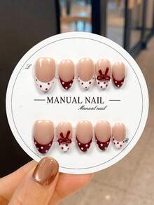 JUTI 10Pcs 100% Handmade Hand-Painted Short Almond Press On Nails | Nude Pink Red White Polka Dot Hand-Painted Rabbit Bow Fashionable Sweet Cute Lively Luxury Cute Nail Art | Reusable Daily & Party Nails - Multicolor - View 10