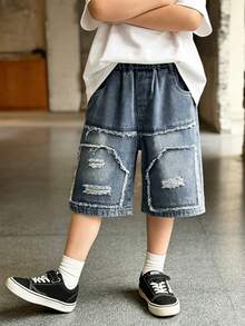 Tween BoyDistressed Frayed Hem Casual Denim Shorts, Summer - Light Wash - View 1