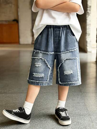 Tween BoyDistressed Frayed Hem Casual Denim Shorts, Summer