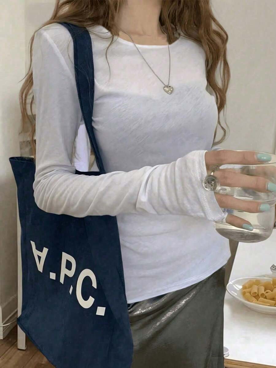 Y2K 弹力透视长袖圆领修身T恤 - 白色 - 查看 1