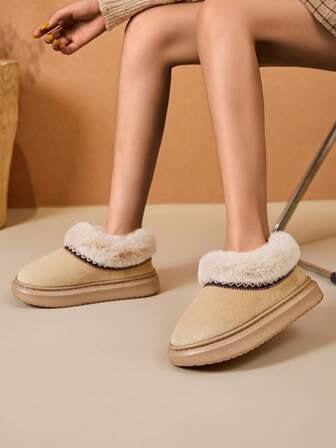 Women's Warm Knitted Fully Covered Slippers With Thick Lace Trim, Solid Color, Plush, Suitable For Indoor & Outdoor Wear In Winter (Recommend Ordering One Size Up)