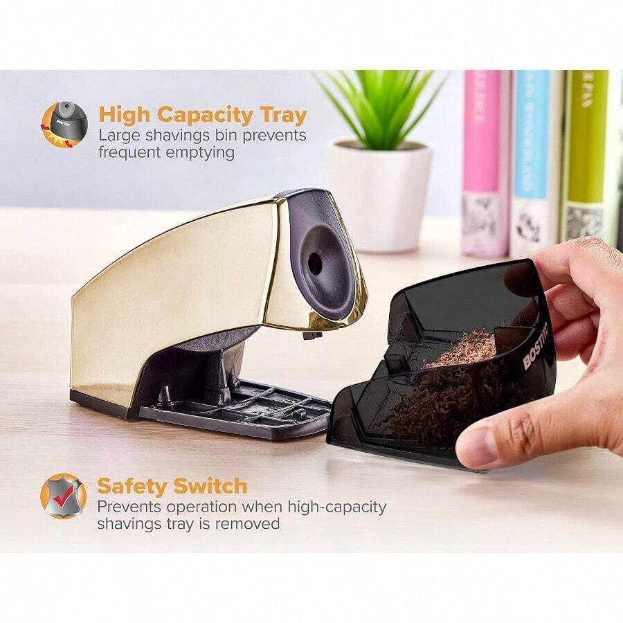 Bostitch Office - Sacapuntas eléctrico personal potente motor sin detención bandeja de virutas de alta capacidad azul chapado en cromo metálico - dorado cromo - Ver 1