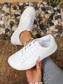 女士加大码宽楦简约风格皮革拼接系带赤足鞋,适合户外运动 - 白色 - 查看 3