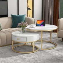 Set Of 2 Round Nesting Tables With Drawer, Gold Metal Frame And Marble Pattern Top, Side Tables For Living Room Or Bedroom - White + MDF - View 2
