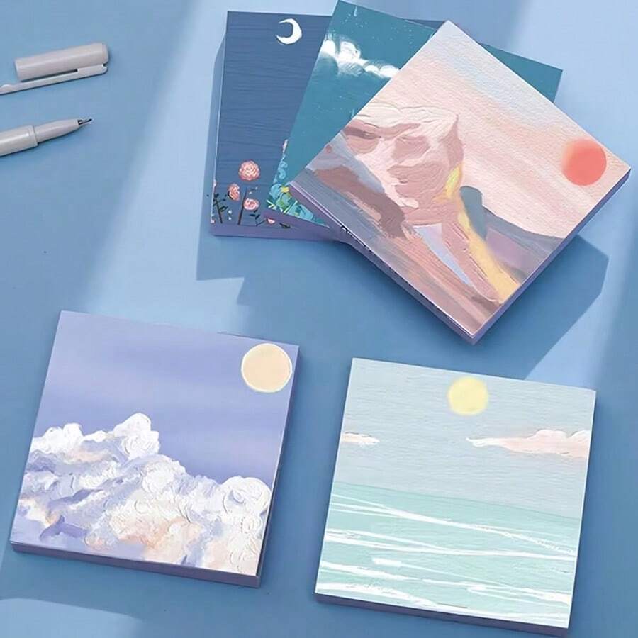 1-Piece Art Oil Painting Style Sticky Notes - Sky, Ocean, Flowers, And People, Square Paper Stickers, Suitable For Students, Offices, And Home Use, Perfect For Planners, Diaries, And Creative Projects - Multicolor - View 1