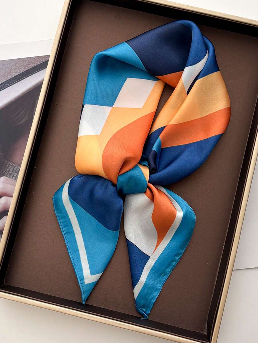 Khăn quàng cổ và khăn tay thời trang nữ công sở phối màu tương phản in họa tiết. - Màu xanh lam - Xem 1