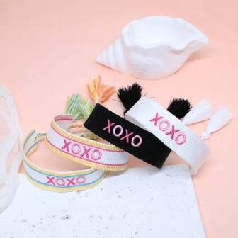 1 Peça Pulseira Boêmia Vintage Feita à Mão com Bordado de Letras XOXO, Borla Trançada, Presente para Festa do Dia dos Namorados