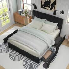 (=622122AAS)Polsterbett mit 4 Schubladen, Doppelbett mit Lattenrost, Stauraum Bett, höhenverstellbares Kopfteil & quadratisches Nähdesign, Metalllattenstütze, Leinenmaterial (140*200 cm, Schwarz) - Preto - Ver 2