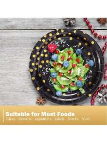 9-Inch/7-Inch Black & Gold Polka Dot Paper Plates, Dinnerware Set, Suitable For Parties, Weddings, Gatherings, Birthdays - Gold Dot Black - View 5