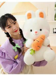 1pc Cute White Soft Plush Rabbit Stuffed Animal Holding Carrot, Easter Bunny Doll, Birthday Party Carrot Rabbit Gift, Back To School Rabbit Gift For Girls - Multicolor - View 3