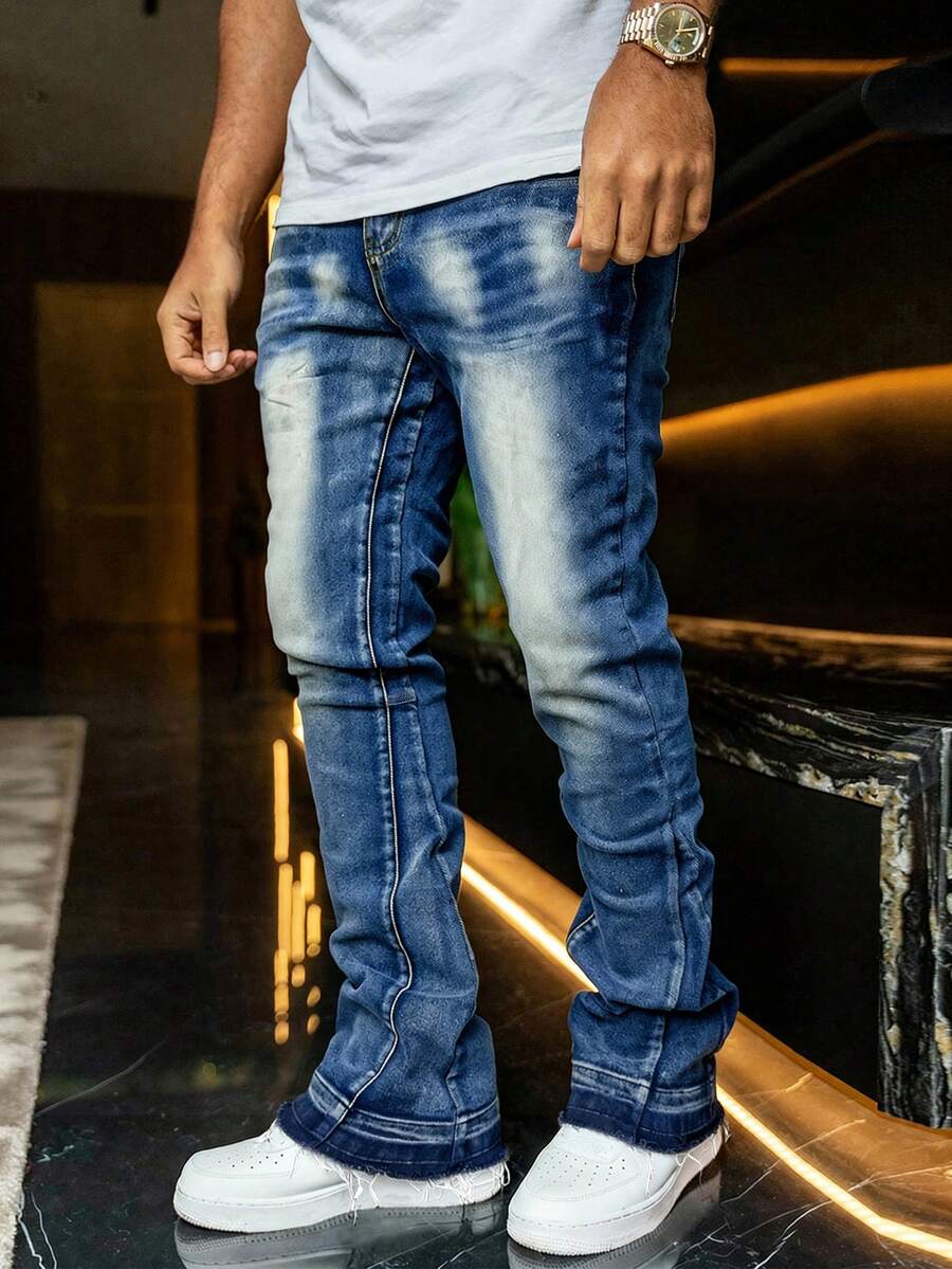 Men's Stretch Slim Fit Distressed Patchwork Jeans, Fashionable Street Style, Suitable For All Seasons - 藍色 - 查看 1