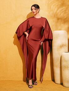 Elegant Brown Sleeveless Round Neck Satin Flowy Shawl Design Dress