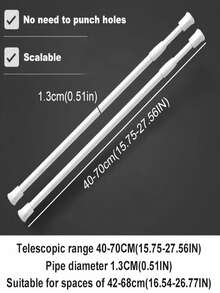 1 thanh treo rèm lò xo, có thể điều chỉnh độ dài 30-50cm, 40-70cm, 50-90cm, 60-110cm, 70-120cm, không cần khoan, chịu lực cao, thích hợp cho rèm tắm, giá phơi đồ, thanh treo đồ nhà bếp, giá đỡ tủ quần áo, rèm cửa, áp dụng cho nhà bếp, phòng tắm, tủ, tủ quần áo, cửa sổ, tủ đựng đồ, cửa ra vào, các dự án DIY kệ sách, lưu trữ đồ dùng phòng tắm, sắp xếp tủ quần áo, tiết kiệm không gian. - trắng - Xem 7
