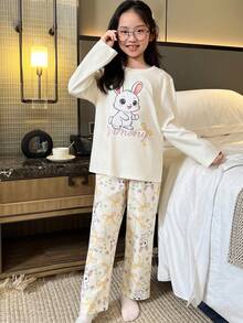 2pcs/Set New Spring/Summer Round Neck Girls Pajamas, Casual Cute Rabbit Print Children Clothing - Apricot - View 5
