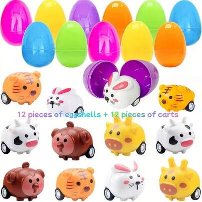 12 huevos de Pascua de cáscara de huevo + 12 huevos de Pascua mini con coches de juguete, huevos de plástico con vehículos de animales de dibujos animados, adecuados para la búsqueda de huevos de Pascua de los niños, relleno de canasta de Pascua, recuerdos de fiesta de Pascua, premios para el aula, colores aleatorios